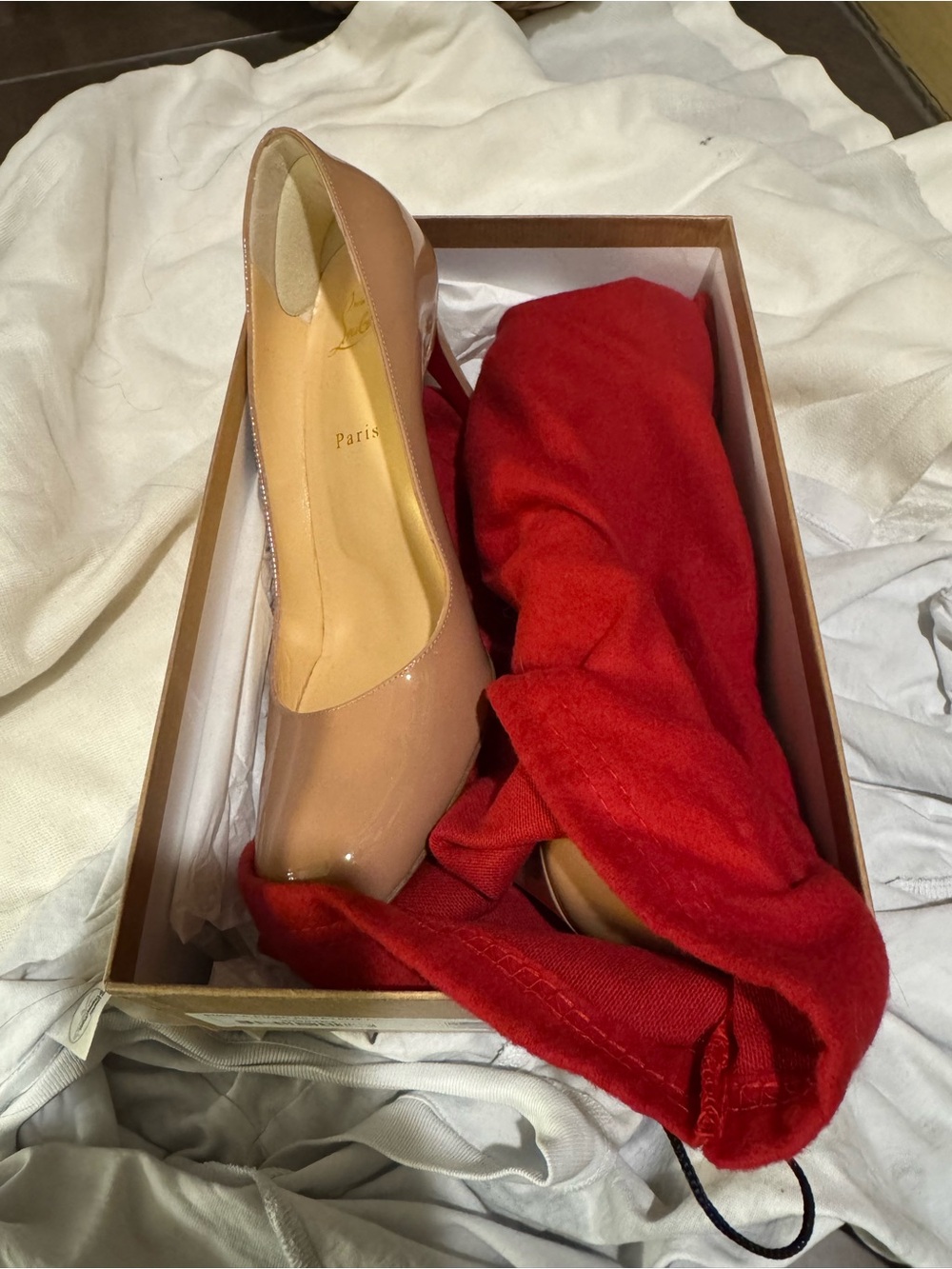 Christian Louboutin Nude Patent Stiletto Pumps with Signature Red Soles - Picture 9 of 11